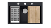 Zlewozmywak granitowy MARC 1-komorowy 76x50 cm czarny/pure carbon + elementy stal szlachetna