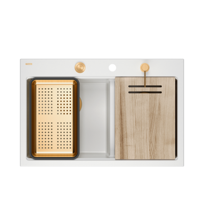 Zlewozmywak granitowy MARC 120 WORKSTATION – dwukomorowy, wpuszczany, snow white/elementy miedziane + AKCESORIA, Quadron