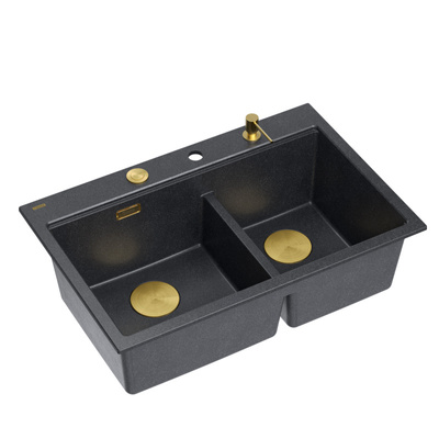 Zlewozmywak granitowy MARC 120 WORKSTATION – dwukomorowy, wpuszczany, black diamond/elementy złote + AKCESORIA, Quadron