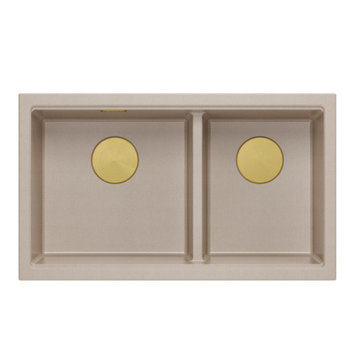 Zlewozmywak granitowy LOGAN 120 – dwukomorowy, podwieszany, pearl beige/elementy złote, Quadron