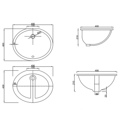 Umywalka podblatowa mykonos 49 cm, z przelewem CE-50-001-W Invena