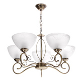 Lampa wisząca Horizon pięcioramienna z białymi kloszami patynowa szklana