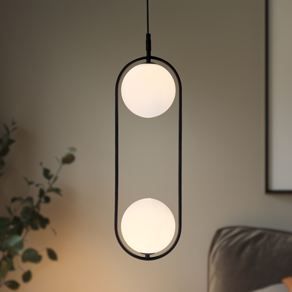 Lampa wisząca CORDEL elegancka - czarna z białymi kloszami kulkami - nowoczesne oświetlenie salonu 2x G9 LED