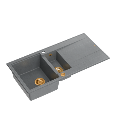 EVAN 156 GraniteQ zlewozmywak z syfonem Push To Open 1,5-komorowy z/o (1000x500x210; kom. 420x480) silver stone / elementy miedziane