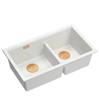 Zlewozmywak granitowy LOGAN 120 – dwukomorowy, podwieszany, snow white/elementy miedziane, Quadron