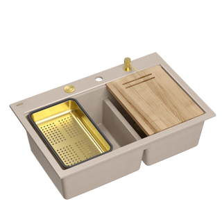 Zlewozmywak granitowy MARC 120 WORKSTATION – dwukomorowy, wpuszczany, pearl beige/elementy złote + AKCESORIA, Quadron