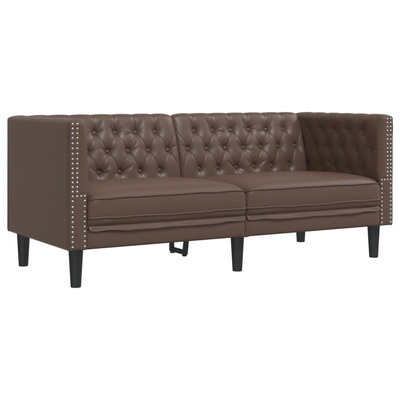 Sofa Chesterfield, 2-os., brązowa, tapicerowana sztuczną skórą
