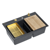 Zlewozmywak granitowy MARC 120 WORKSTATION – dwukomorowy, wpuszczany, black diamond/elementy złote + AKCESORIA, Quadron