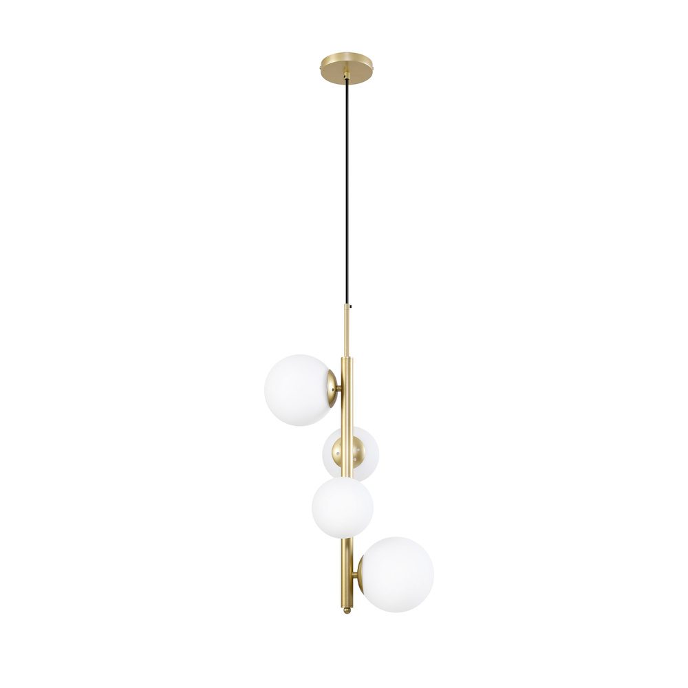 Lampa wisząca CORDEL elegancka - złoty mosiądz z białymi kloszami kulkami - designerska lampa do salonu 4x G9 LED