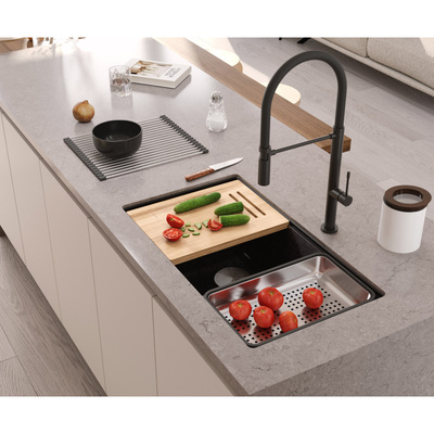 Zlewozmywak granitowy LOGAN 120 – dwukomorowy, podwieszany, snow white/elementy stalowe, Quadron