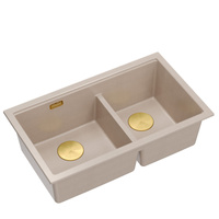 Zlewozmywak granitowy LOGAN 120 – dwukomorowy, podwieszany, pearl beige/elementy złote, Quadron