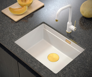 100 GraniteQ zlewozmywak snow white 59,5x45,1x21,5 cm 1-komorowy podwieszany z syfonem manualnym złoty LOGAN