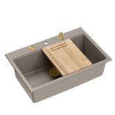 Zlewozmywak granitowy MARC 1-komorowy 76x50 cm szarobeżowy/soft taupe + Nano ZŁOTO PVD