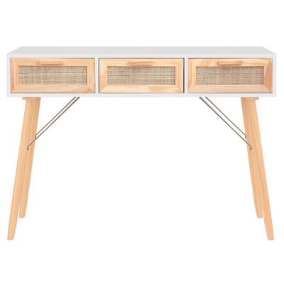 Stolik konsolowy, biały, 105x30x75 cm, drewno sosnowe i rattan