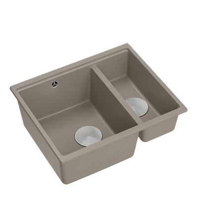 QUADRON | LOGAN 150 | granitowy zlewozmywak kuchenny SOFT TAUPE + STAL | wymiary: 56 x 46 x 22 cm | 1,5-komorowy wpuszczany | podbudowa szafki od: 60 cm