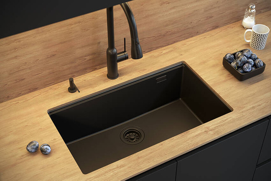 LOGAN 110 GraniteQ zlewozmywak soft taupe 76x44x23,5 cm 1-komorowy podwieszany z syfonem manualnym złoty