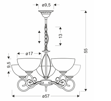 Lampa wisząca Horizon pięcioramienna z białymi kloszami patynowa szklana