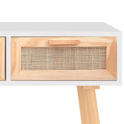 Stolik konsolowy, biały, 105x30x75 cm, drewno sosnowe i rattan