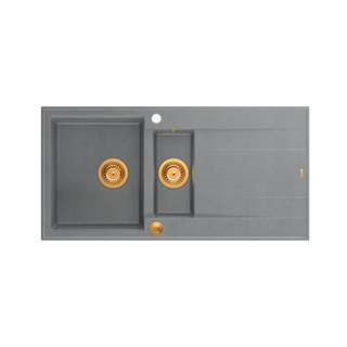 EVAN 156 GraniteQ zlewozmywak z syfonem Push To Open 1,5-komorowy z/o (1000x500x210; kom. 420x480) silver stone / elementy miedziane