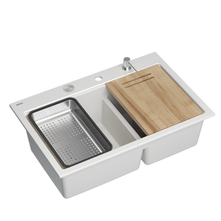 Zlewozmywak granitowy MARC 120 WORKSTATION – dwukomorowy, wpuszczany, snow white/elementy stalowe + AKCESORIA, Quadron