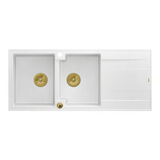EVAN 121 GraniteQ zlewozmywak z syfonem Push To Open 2-komorowy z/o (1160x500x210; kom. 420x340) snow white / elementy złote