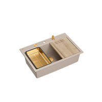 Zlewozmywak granitowy MARC 110 WORKSTATION – jednokomorowy, wpuszczany, pearl beige/elementy miedziane + AKCESORIA, Quadron