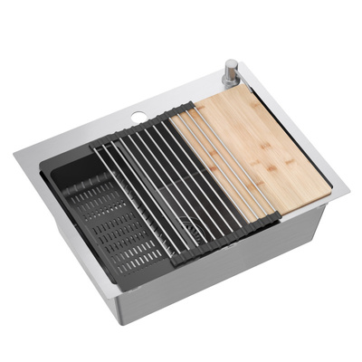 stalowy LUKE 110 WORKSTATION – jednokomorowy, wpuszczany, stal szlachetna/elementy stalowe + AKCESORIA, Quadron Zlewozmywak