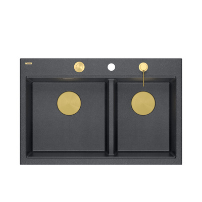 Zlewozmywak granitowy MARC 120 WORKSTATION – dwukomorowy, wpuszczany, black diamond/elementy złote + AKCESORIA, Quadron