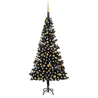vidaXL Sztuczna choinka z lampkami i bombkami, czarna, 240 cm, PVC model standard