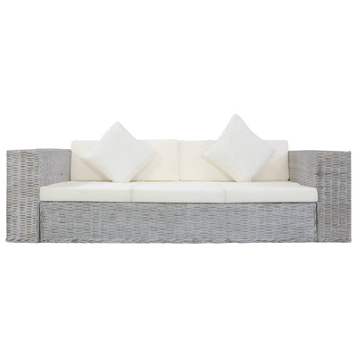 3-osobowa sofa z poduszkami, szara, naturalny rattan