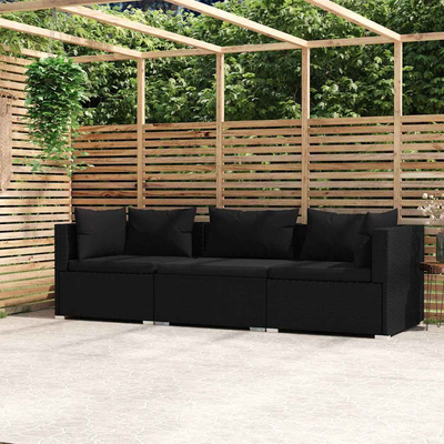 3-osobowa sofa z poduszkami, czarna, polirattan
