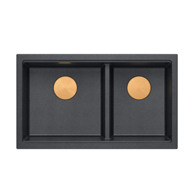 Zlewozmywak granitowy LOGAN 120 – dwukomorowy, wpuszczany, black diamond/elementy miedziane, Quadron