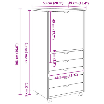 Rolkowa szafka 53 x 39 x 103 cm Lite drewno sosnowe