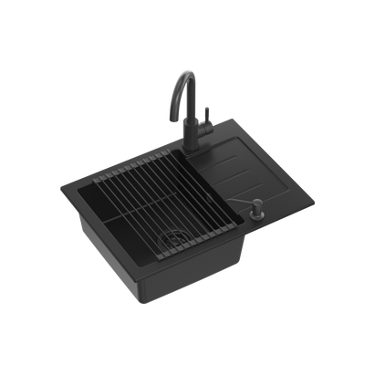 JOHNNY 116 GraniteQ zlewozmywak granitowy Pure Carbon 1-komorowy z/o (60x44x18,5) z syfonem black + bateria Kate pure carbon + dozownik + Qmata