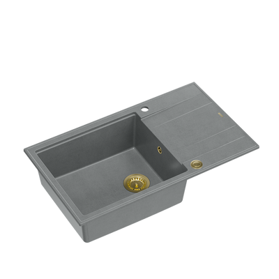 EVAN 136 XL GraniteQ zlewozmywak z syfonem Push To Open 1-komorowy z/o (860x500x210; kom. 420x490) silver stone / elementy złote