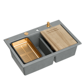 Zlewozmywak granitowy MARC 120 WORKSTATION – dwukomorowy, wpuszczany, silver stone/elementy miedziane + AKCESORIA, Quadron