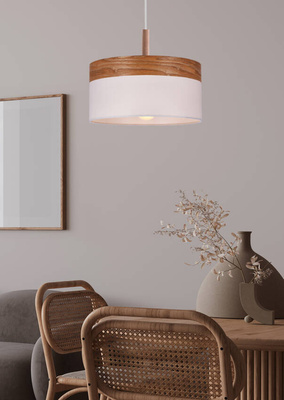 Lampa wisząca z abażurem Orto biała z drewnianymi elementami do salonu