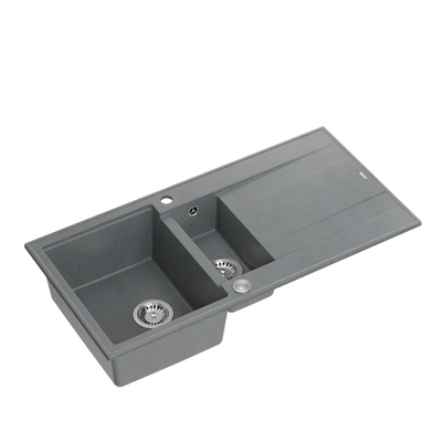 EVAN 156 GraniteQ zlewozmywak z syfonem Push To Open 1,5-komorowy z/o (1000x500x210; kom. 420x480) silver stone / elementy stalowe