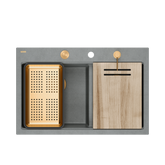Zlewozmywak granitowy MARC 120 WORKSTATION – dwukomorowy, wpuszczany, silver stone/elementy miedziane + AKCESORIA, Quadron