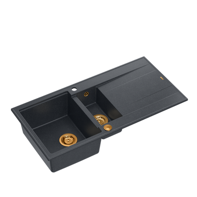EVAN 156 GraniteQ zlewozmywak z syfonem Push To Open 1,5-komorowy z/o (1000x500x210; kom. 420x480) black diamond / elementy miedziane
