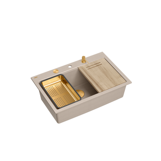 Zlewozmywak granitowy MARC 110 WORKSTATION – jednokomorowy, wpuszczany, pearl beige/elementy miedziane + AKCESORIA, Quadron