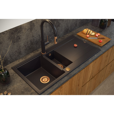 Zlewozmywak granitowy EVAN 156  – półtorakomorowy, wpuszczany, pearl beige/elementy złote, Quadron