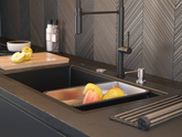 QUADRON | MARC 110 FM PRODUKT NA ZAMÓWIENIE | granitowy zlewozmywak kuchenny CZARNY mat+ ZŁOTO PVD | wymiary: 75 x 49 x 24 cm | akcesoria: syfon, dozownik, deska | 1-komorowy na równi w blatem | podbudowa szafki od: 80 cm