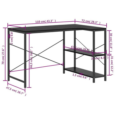 vidaXL Biurko komputerowe, czarne 110x72x70 cm materiał drewnopochodny