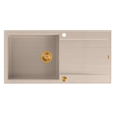 Zlewozmywak granitowy EVAN 146 XL  – jednokomorowy, wpuszczany, pearl beige/elementy miedziane, Quadron
