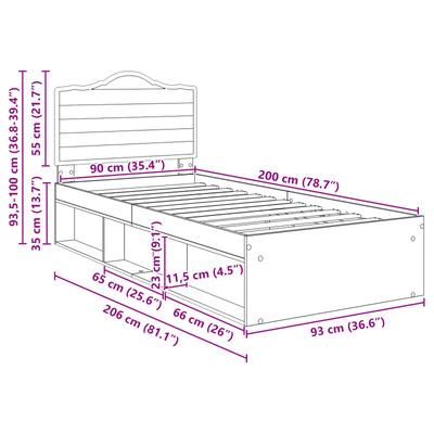 Ramka łóżka Z zagłówkiem Czarny 90 x 200 cm Lite drewno sosnowe