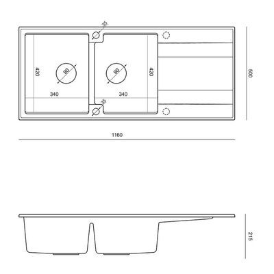 EVAN 121 GraniteQ zlewozmywak z syfonem Push To Open 2-komorowy z/o (1160x500x210; kom. 420x340) silver stone / elementy złote