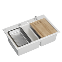 Zlewozmywak granitowy MARC 120 WORKSTATION – dwukomorowy, wpuszczany, snow white/elementy stalowe + AKCESORIA, Quadron