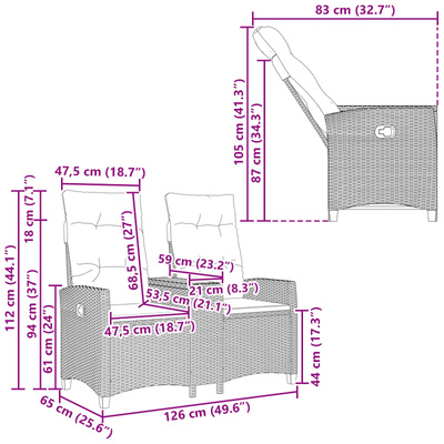 Leżanka z stolikiem 2 -Seater 126 x 65 x 112 cm polirattan