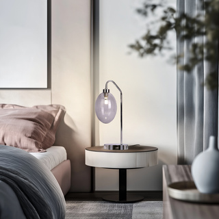 Lampka nocna LUKKA srebrna ze szklanym szarym kloszem - przytulne oświetlenie sypialni i salonu LED